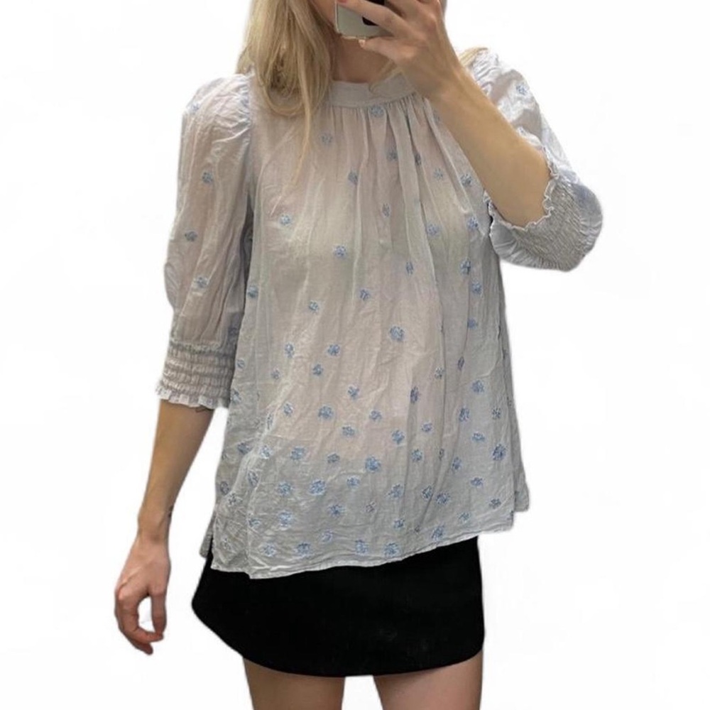 Ne Quittez Pas Light Blue Embroidered Babydoll Top